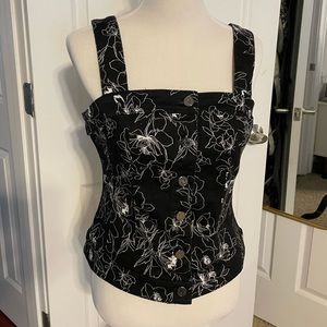 Black denim tank top with white flower pattern